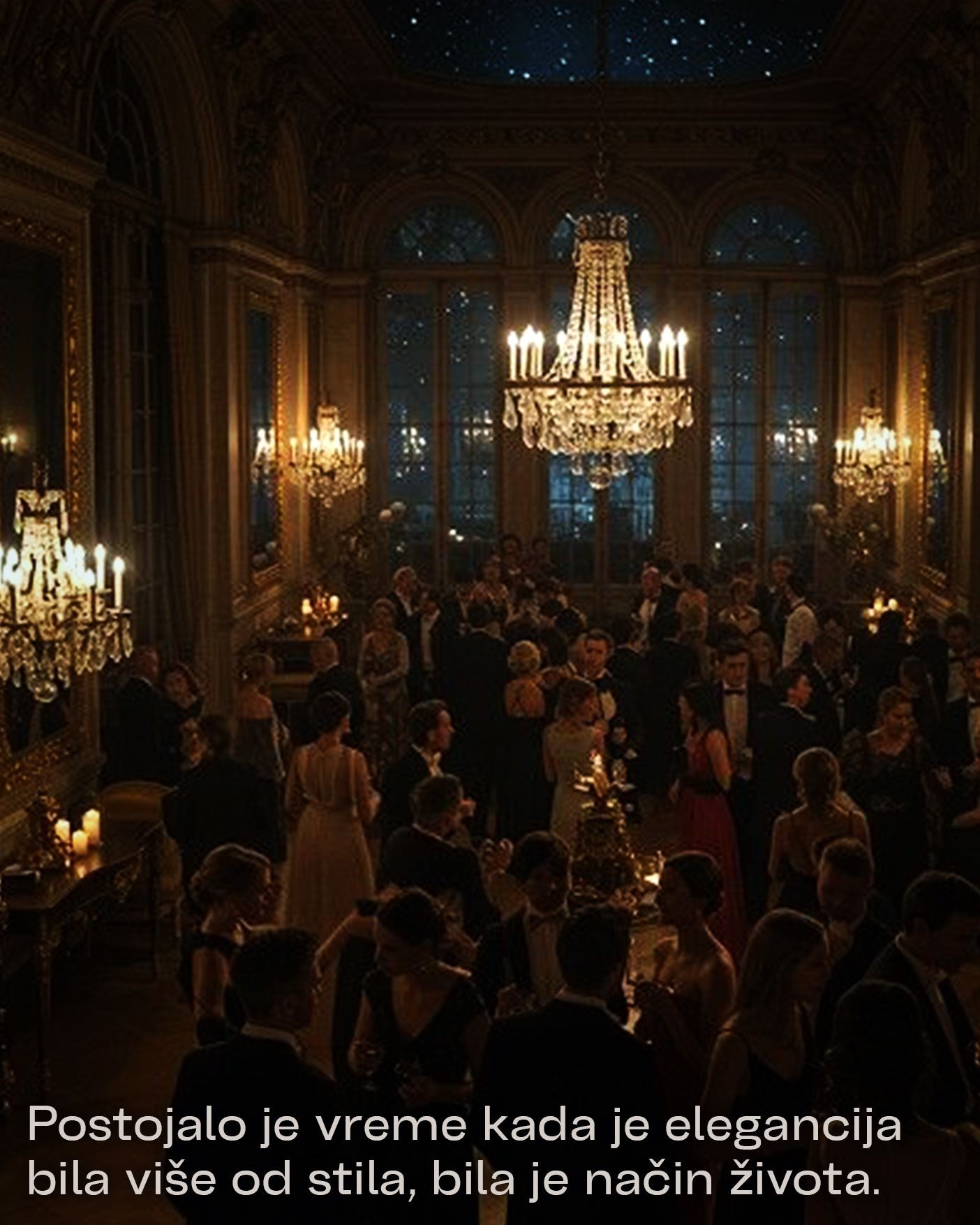 Elegant ballroom scene with people in formal attire under a large chandelier, caption in the bottom.