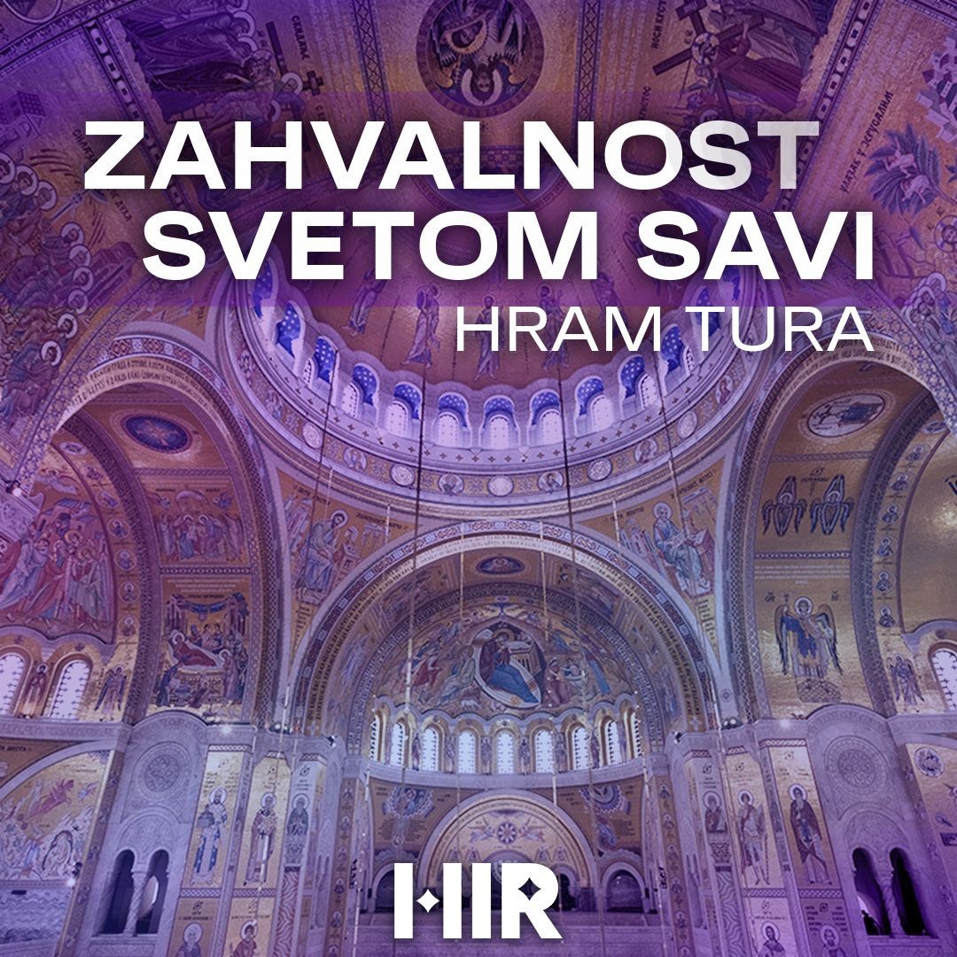 Interior of a richly decorated church dome with religious frescoes and inscriptions in Serbian.